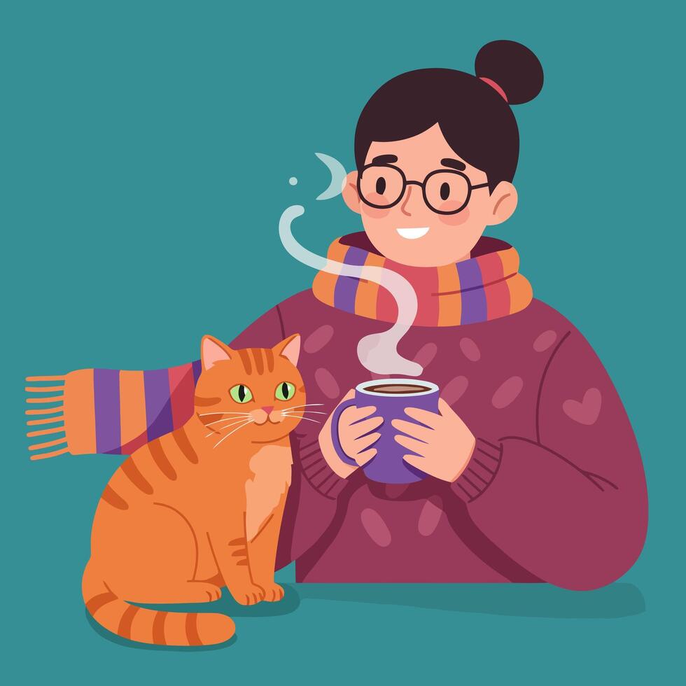 Woman Drinking Hot Beverage with Cat Wearing a Striped Scarf vector