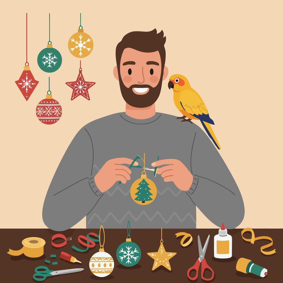 Person Crafting Holiday Ornaments with Parrot Companion at Table vector