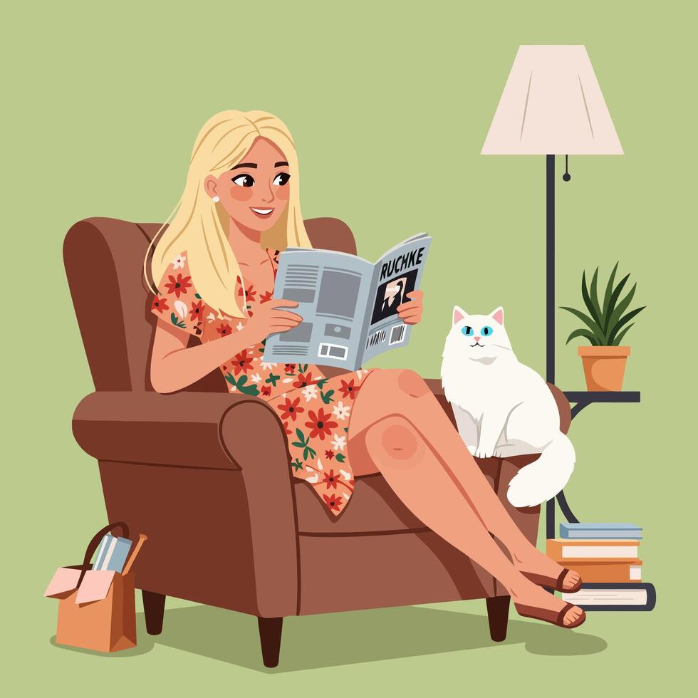 Woman Relaxing Reading Magazine at Home with Pet Cat vector