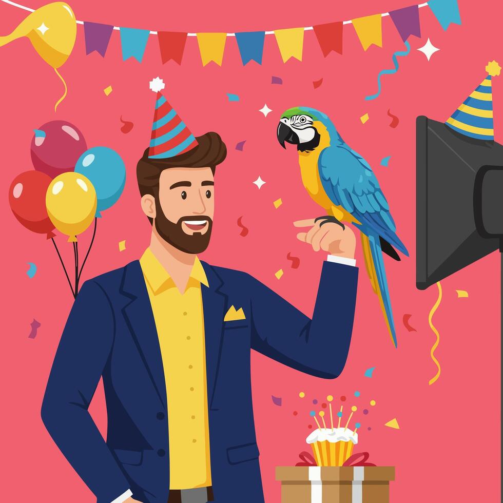 Celebrating Birthday with Parrot Colorful Party Background and Festive Elements vector