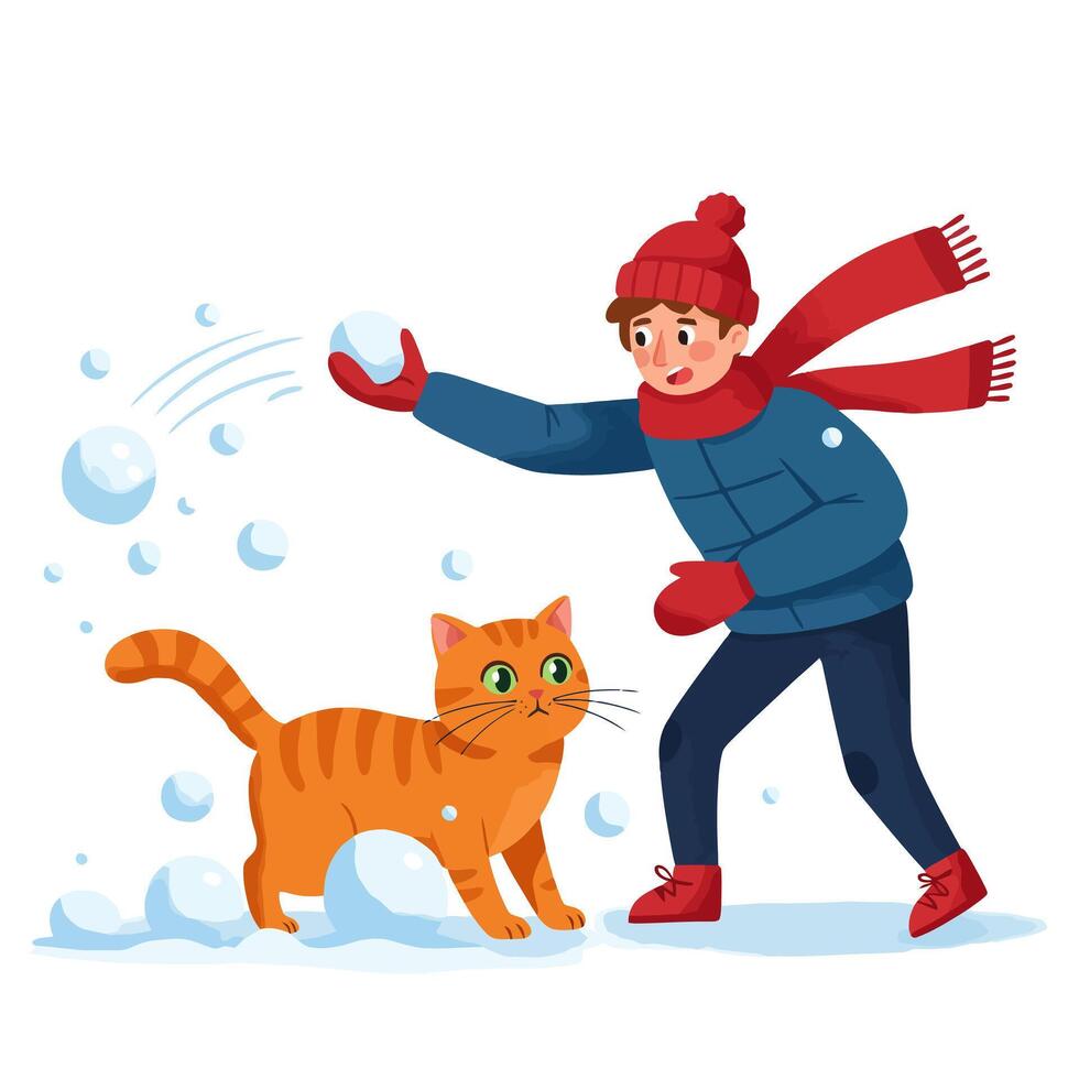 Boy Throwing Snowball with Ginger Cat in Winter Scene vector