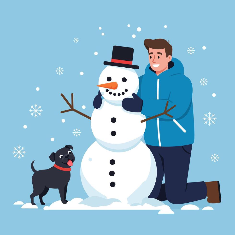 Building Snowman with Dog in Winter Illustration on Light Blue Background vector