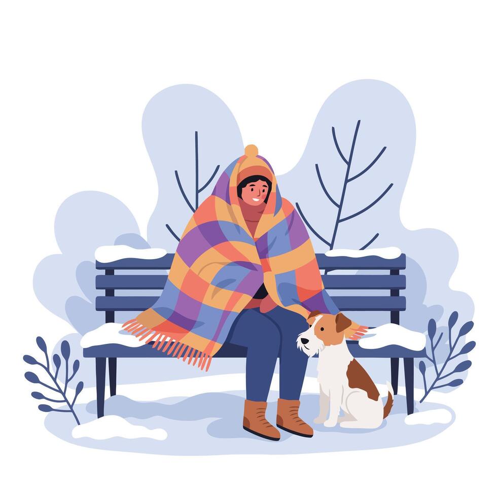 Woman with Dog Enjoying Winter Scene on Bench with Blanket vector