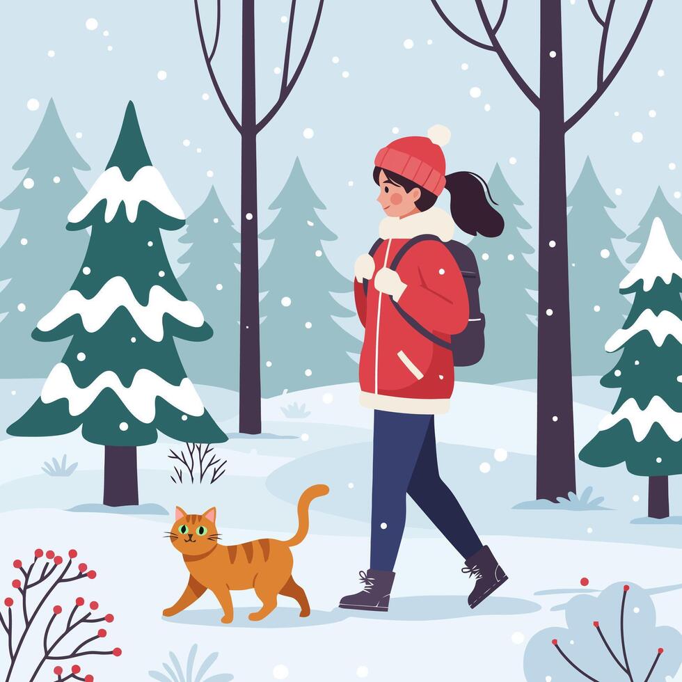 Woman Hiking with Cat in Winter Forest During Snowfall Illustration vector
