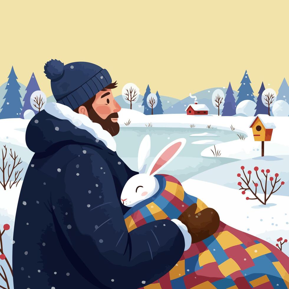 Man Holding Rabbit in Winter Landscape with Snow and Cozy Feeling vector