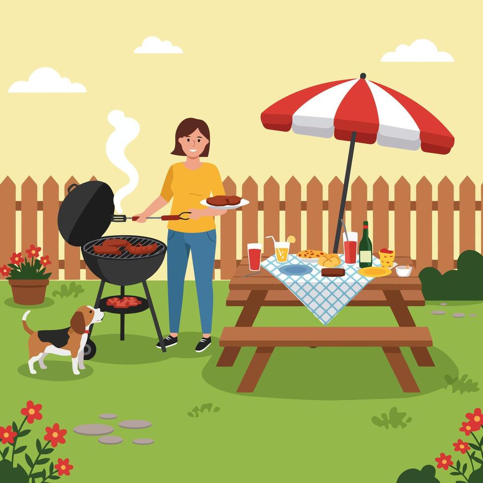 Woman Grilling at Barbecue Picnic with Dog on Summer Day vector