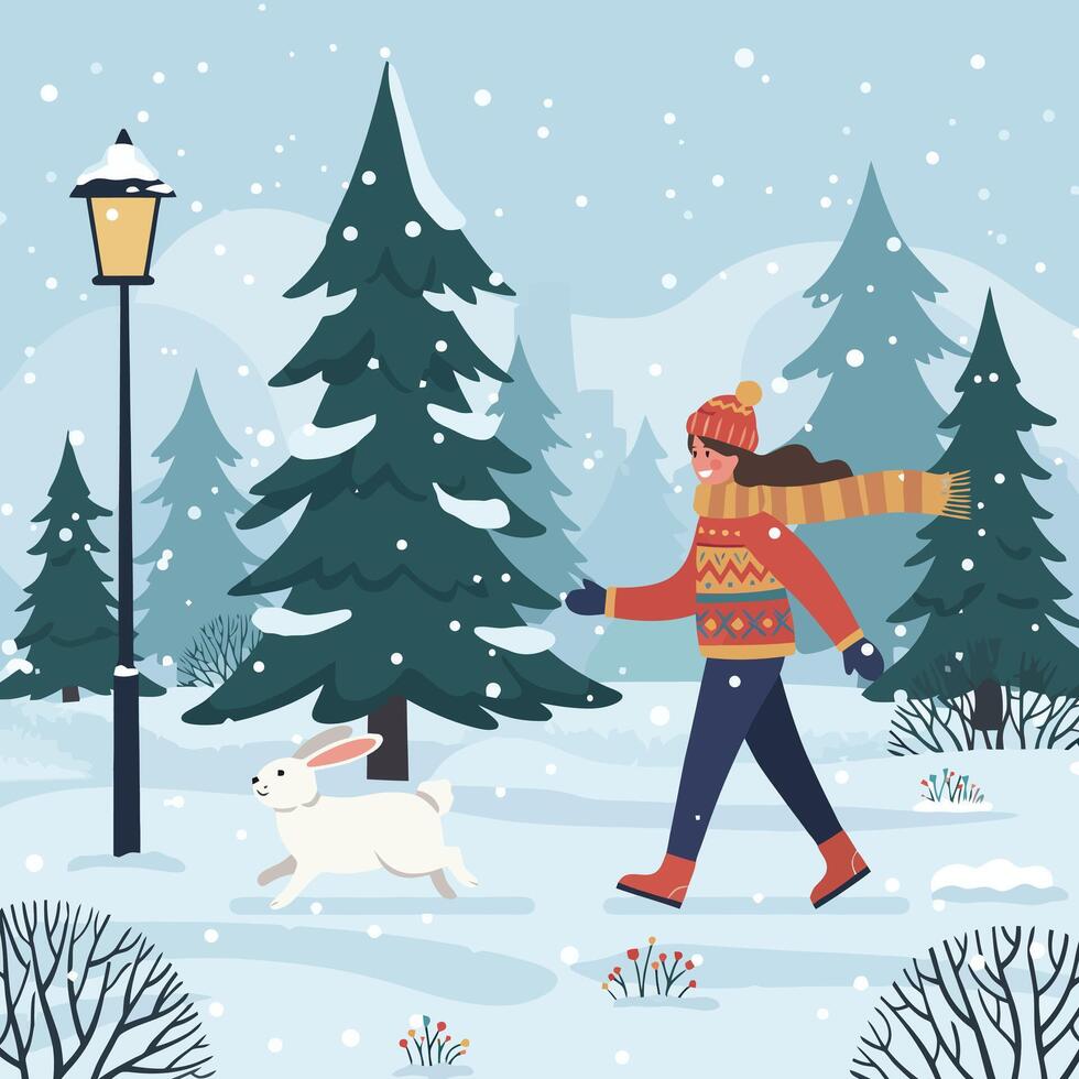 Woman Walking with Rabbit in Snowy Winter Forest Scene Illustration vector