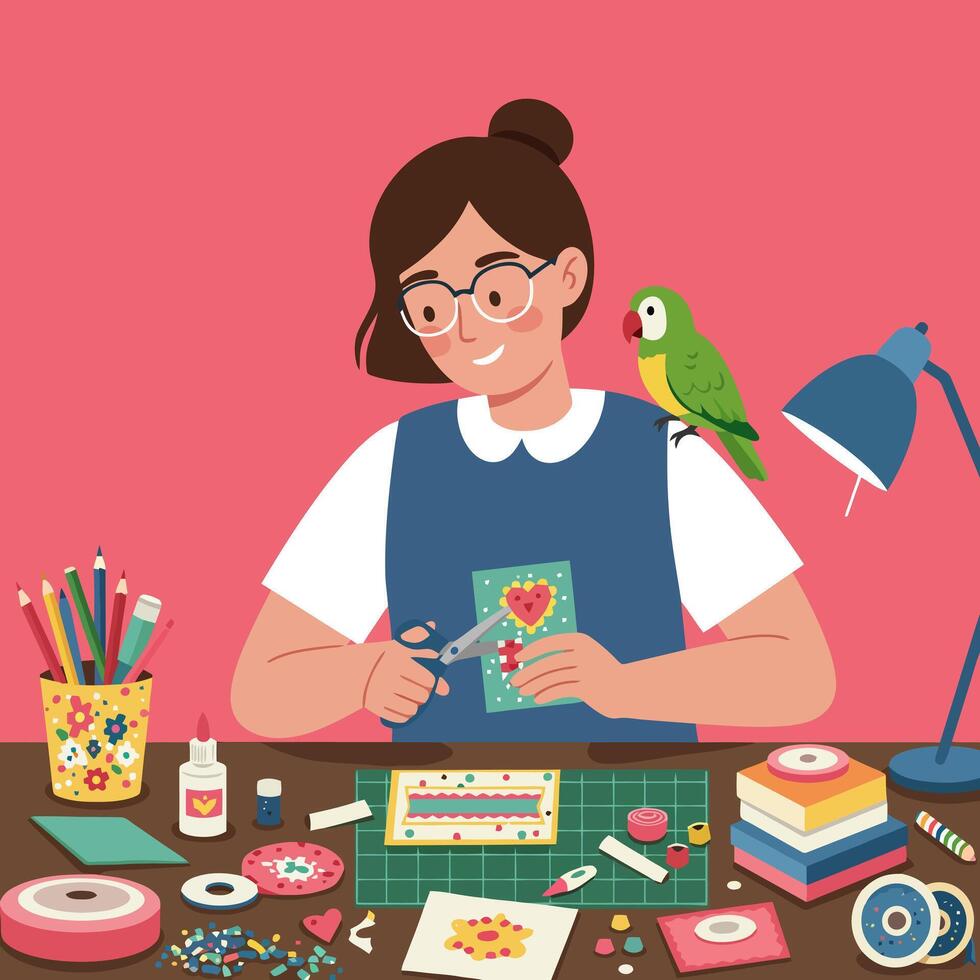 Woman Cutting Handmade Greeting Card with Parrot Sitting on Shoulder vector