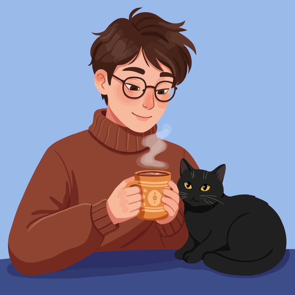 Man Enjoying Hot Drink with Black Cat Illustration Style Art vector