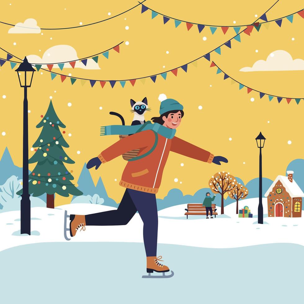 Woman Ice Skating with Cat in Basket During Winter Season vector