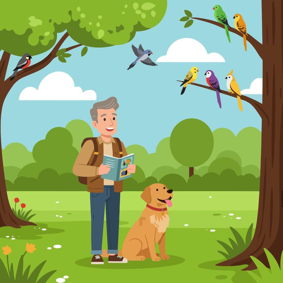 Man Watching Birds with Dog in Green Field Illustration vector