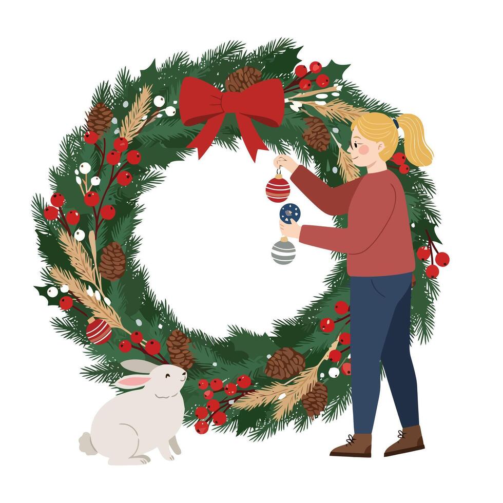 Woman Decorating Christmas Wreath with Ornaments Next to Rabbit Illustration vector