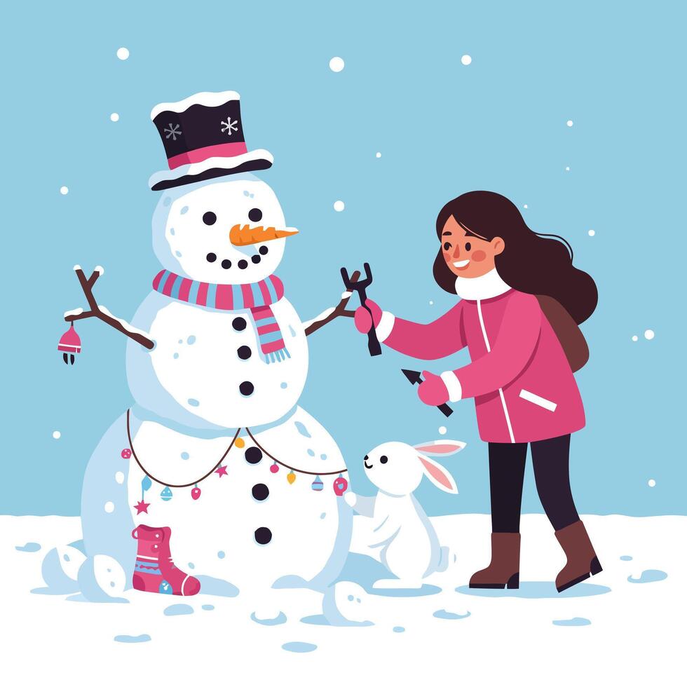 Girl Building a Snowman with a Bunny on a Winter Day vector