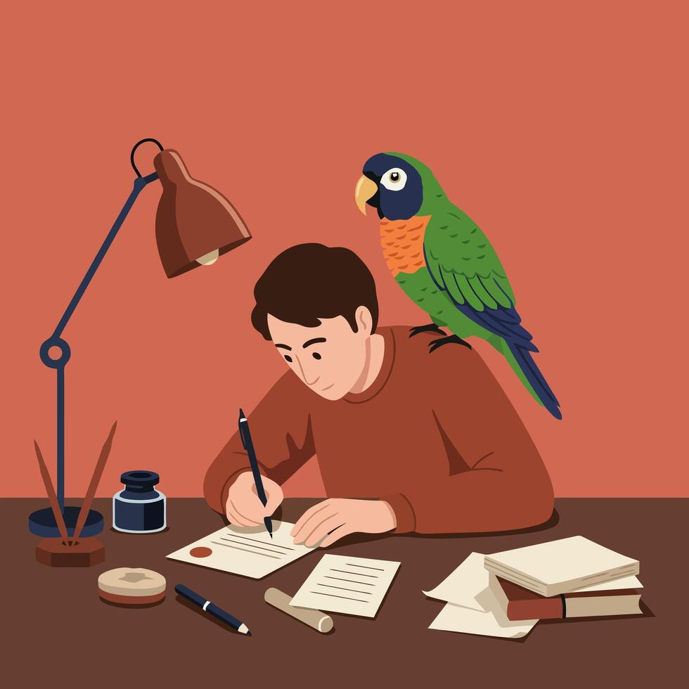 Man Writing at Desk with Parrot Perched on Shoulder Illustration vector
