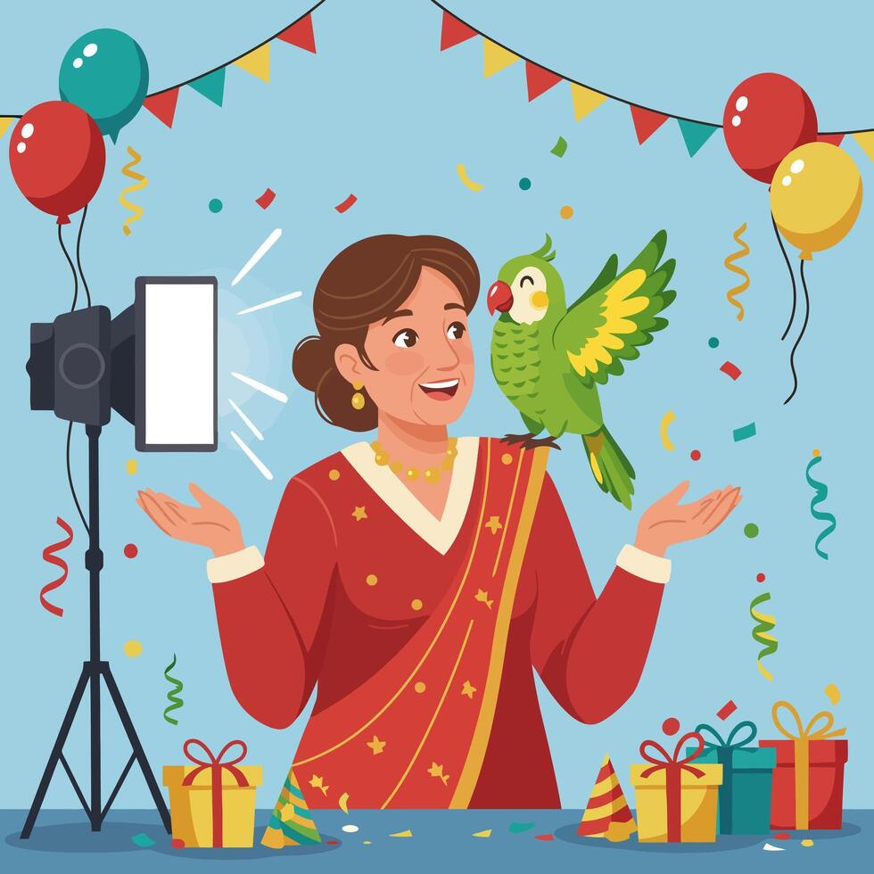 Woman with Parrot Filming with Studio Lighting for Celebration vector