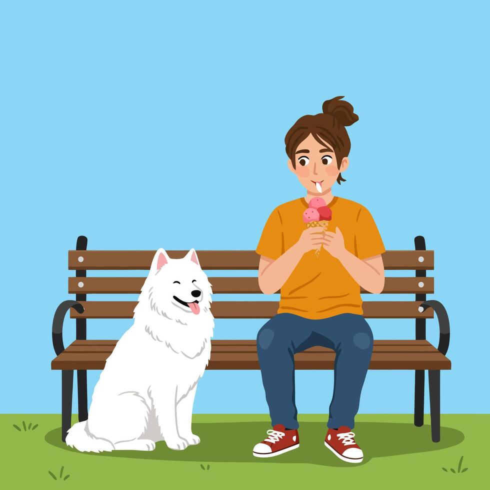 Woman Enjoying Ice Cream with Dog on Park Bench Illustration vector