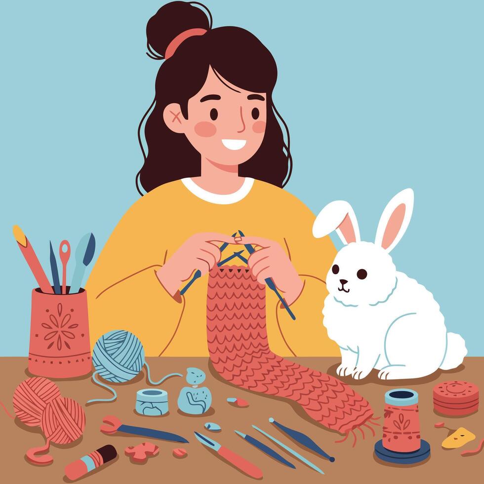 Woman Knitting a Scarf at a Table with a White Rabbit vector