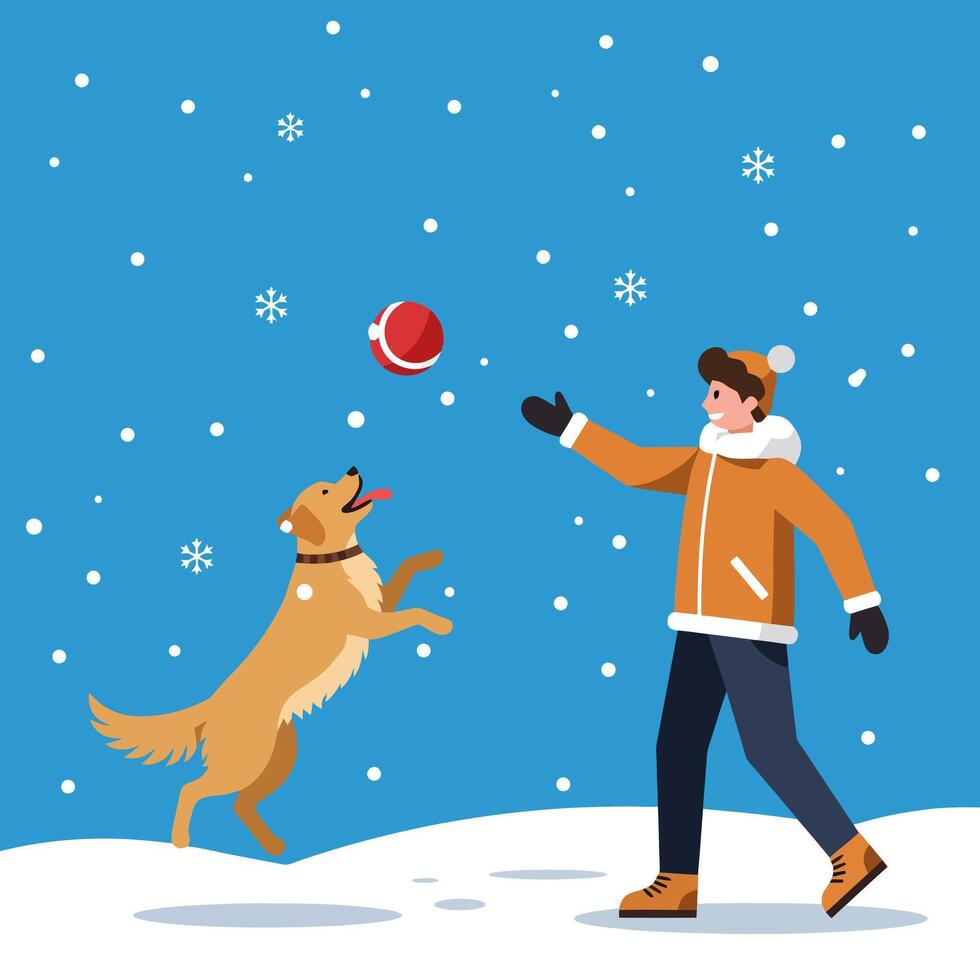 Playing Fetch in Snow Man and Dog Enjoying Winter Fun vector