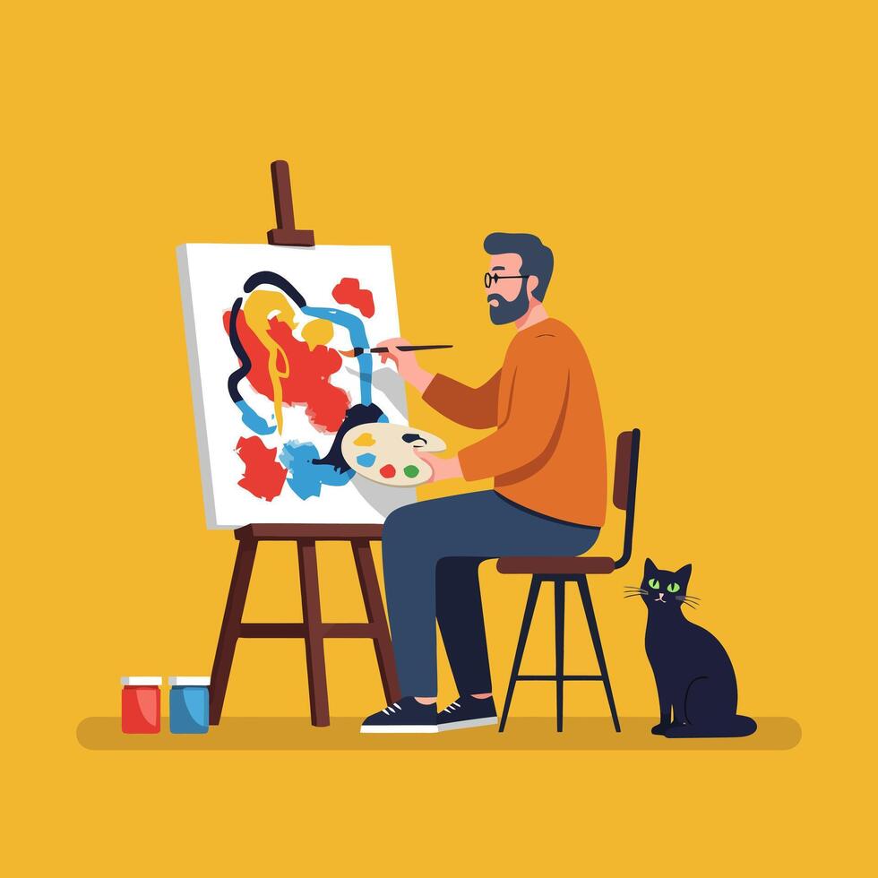 Man Painting Abstract Art on Canvas with Black Cat Watching vector