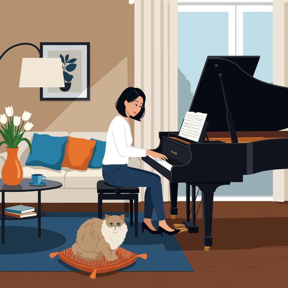Woman Playing Grand Piano at Home with Cat in Living Room vector