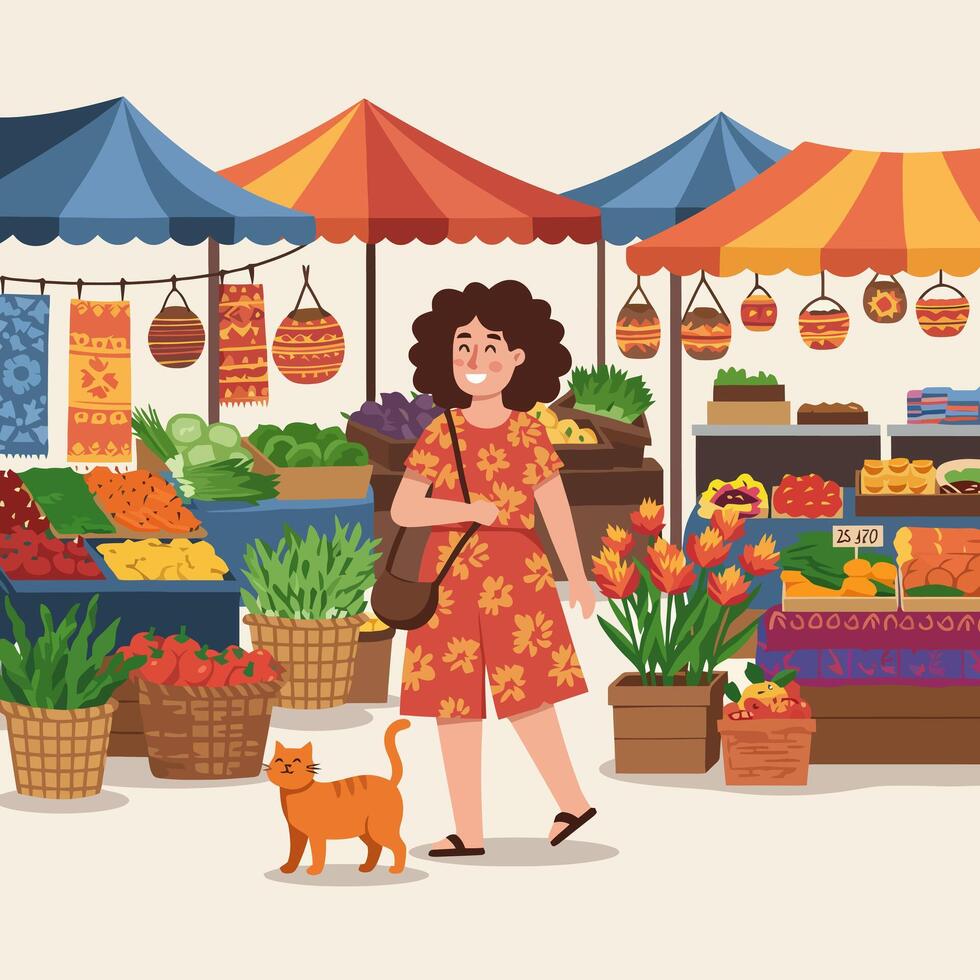 Woman Walking Through Outdoor Market with Produce and Orange Cat vector