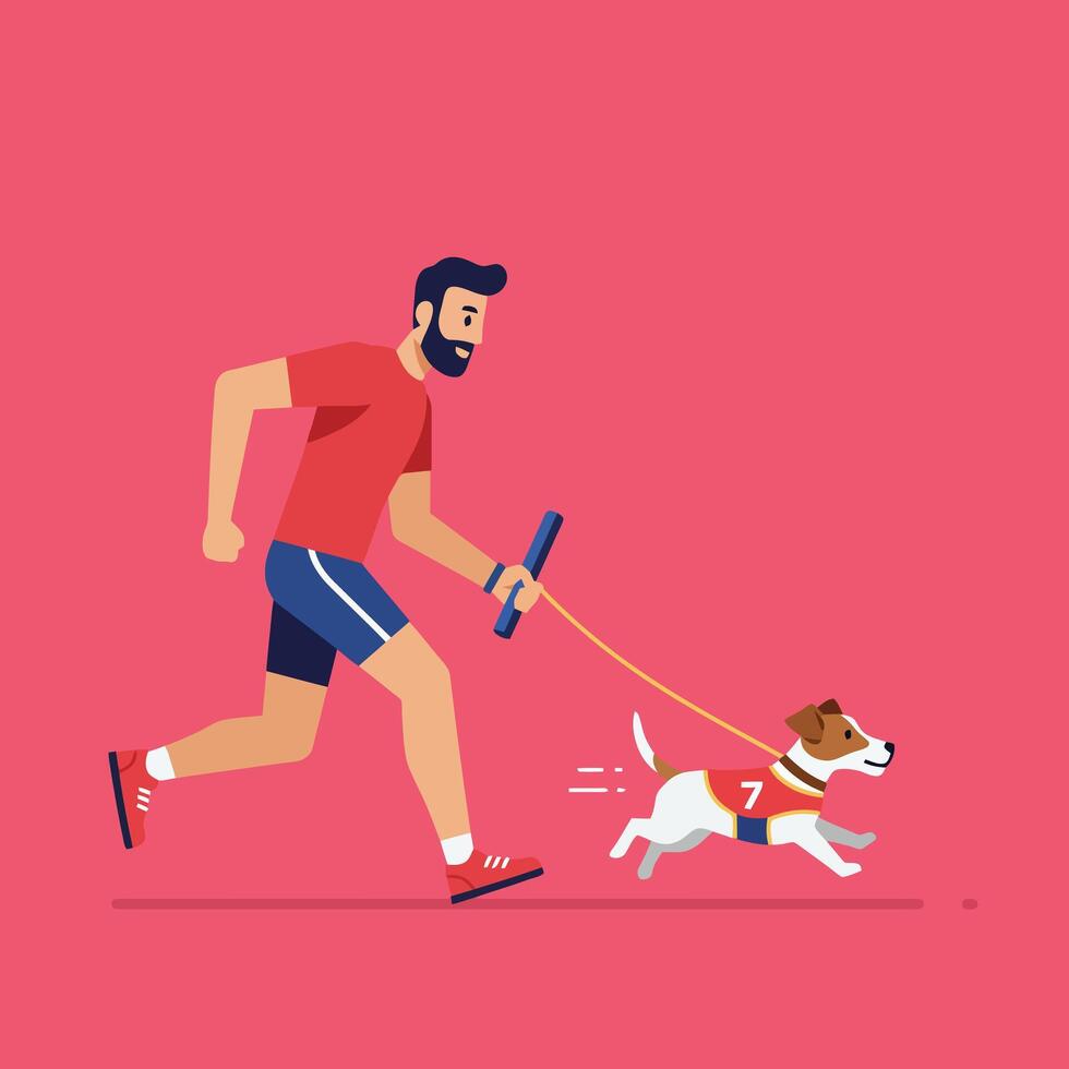 Man Running with Dog Pet Wearing Vest on Pink Background vector
