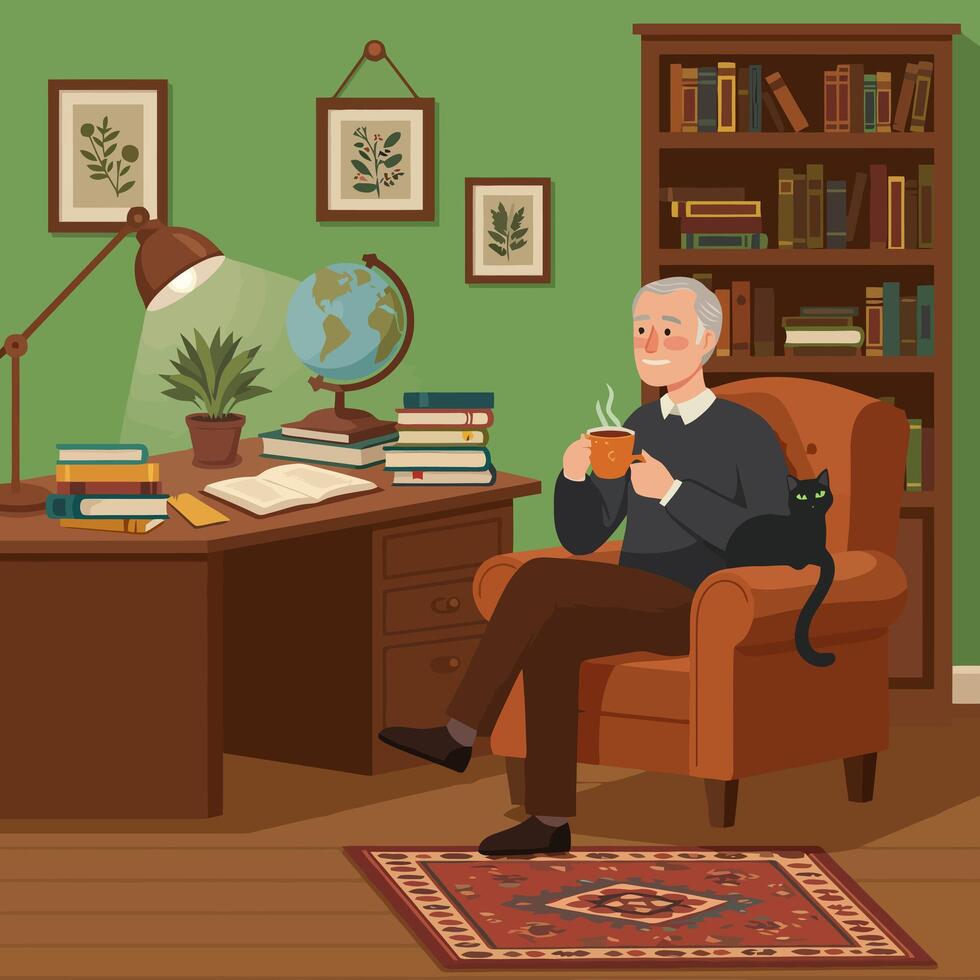 Man Enjoying Hot Drink in Armchair with Cat and Books vector