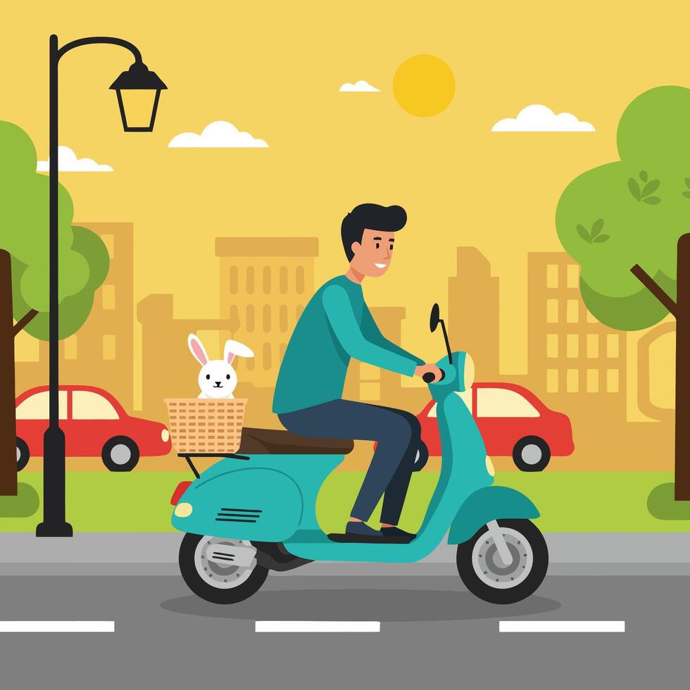 Man Riding Scooter with Bunny in Basket on City Street vector