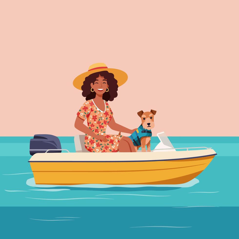 Woman and Dog Enjoying a Boat Ride on the Water Illustration vector