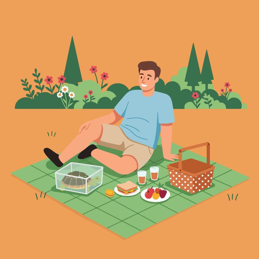 Man Enjoying Picnic with Turtle on Blanket in Nature Setting vector