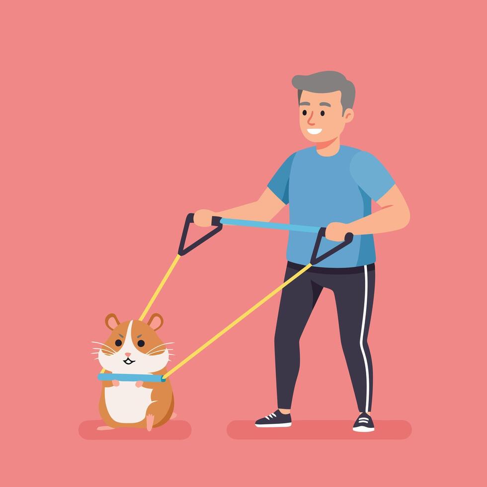 Man Walking Hamster Illustration with Harness Against Pink Background vector