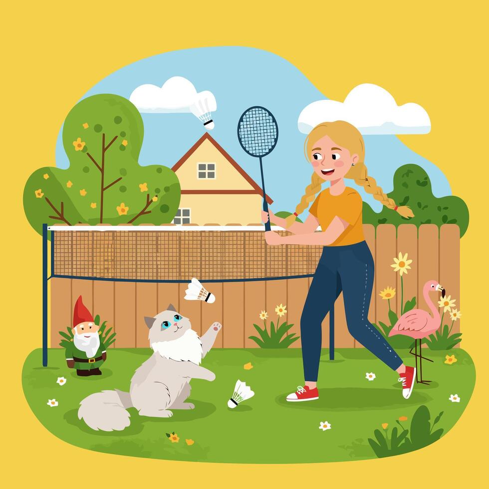 Woman Playing Badminton with Cat in Backyard Illustration vector