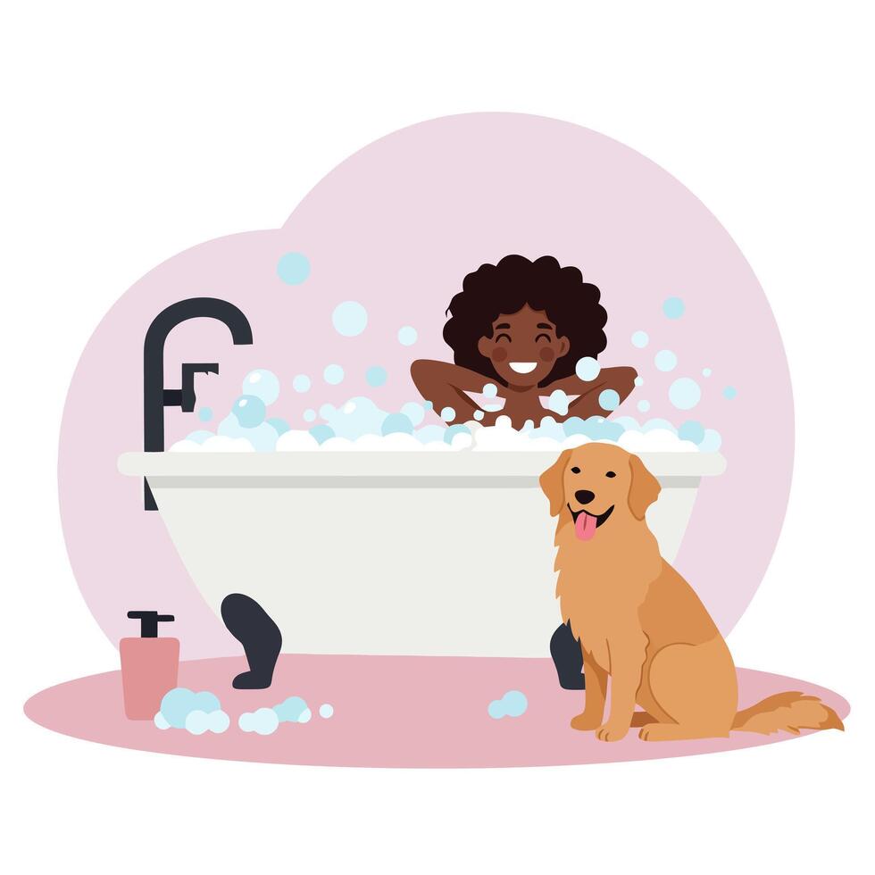 Woman Relaxing in Bubble Bath with Dog Sitting Beside Her vector