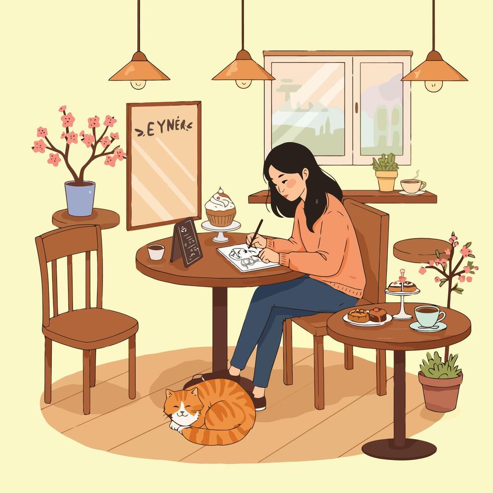 Woman Drawing in Cafe with Cat Illustration Peaceful Scene vector