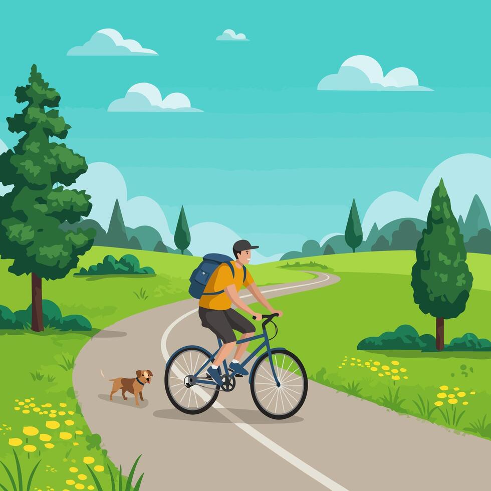 Man Cycling on a Country Road with Dog in Summer vector