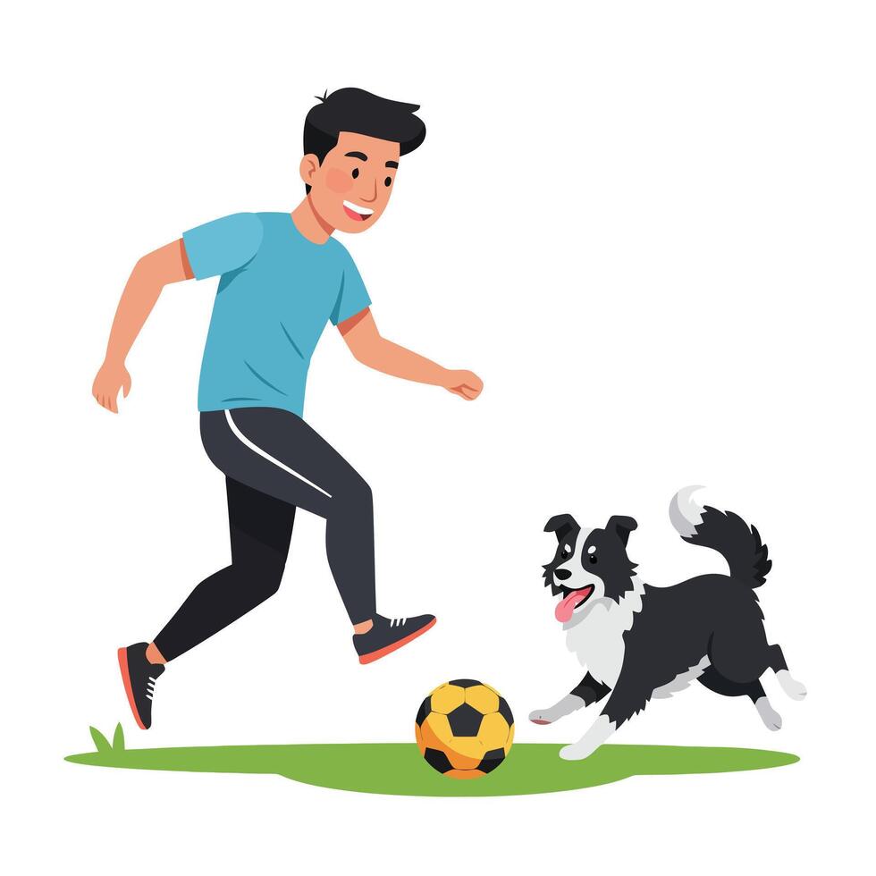 Man Playing Soccer with Dog on Grass Simple Illustration vector