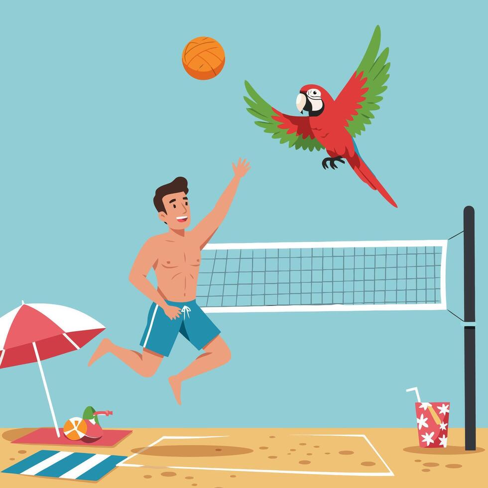 Man Playing Volleyball on Beach with Parrot Illustration vector