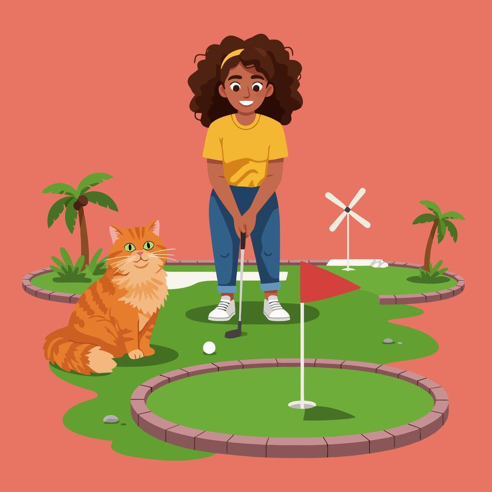 Girl Playing Miniature Golf with Orange Cat Near Tropical Palm Trees vector