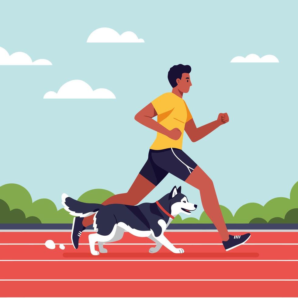 Man Running with Dog on Track on Sunny Day Illustration vector