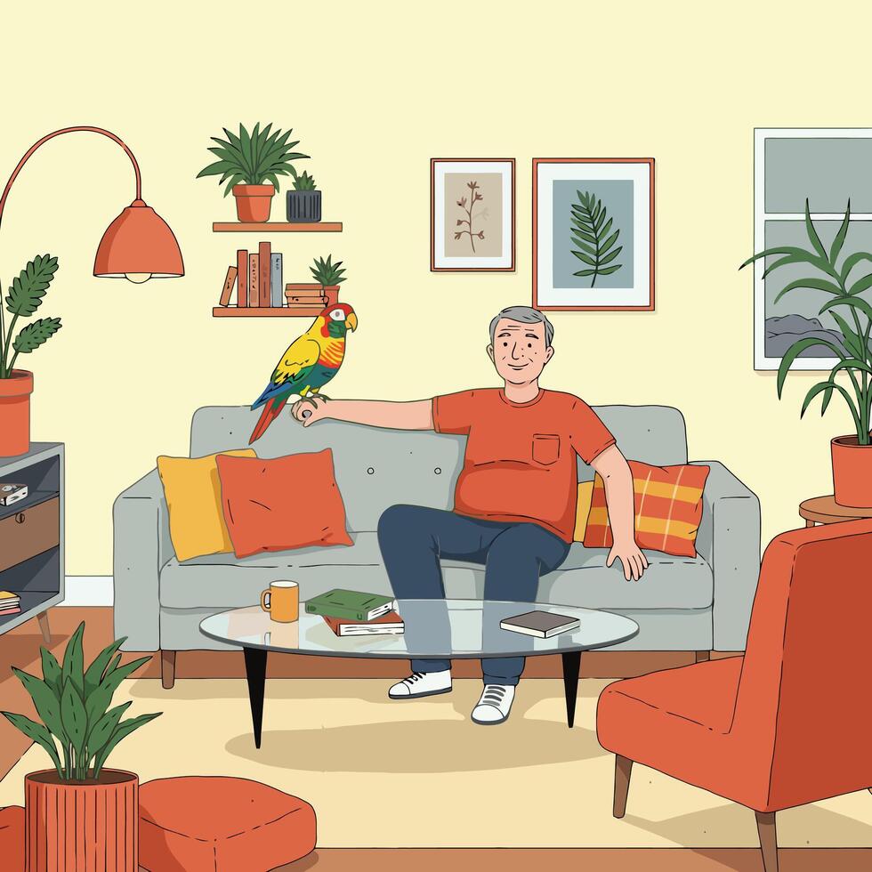 Man Relaxing at Home with Colorful Parrot in Cozy Living Room vector
