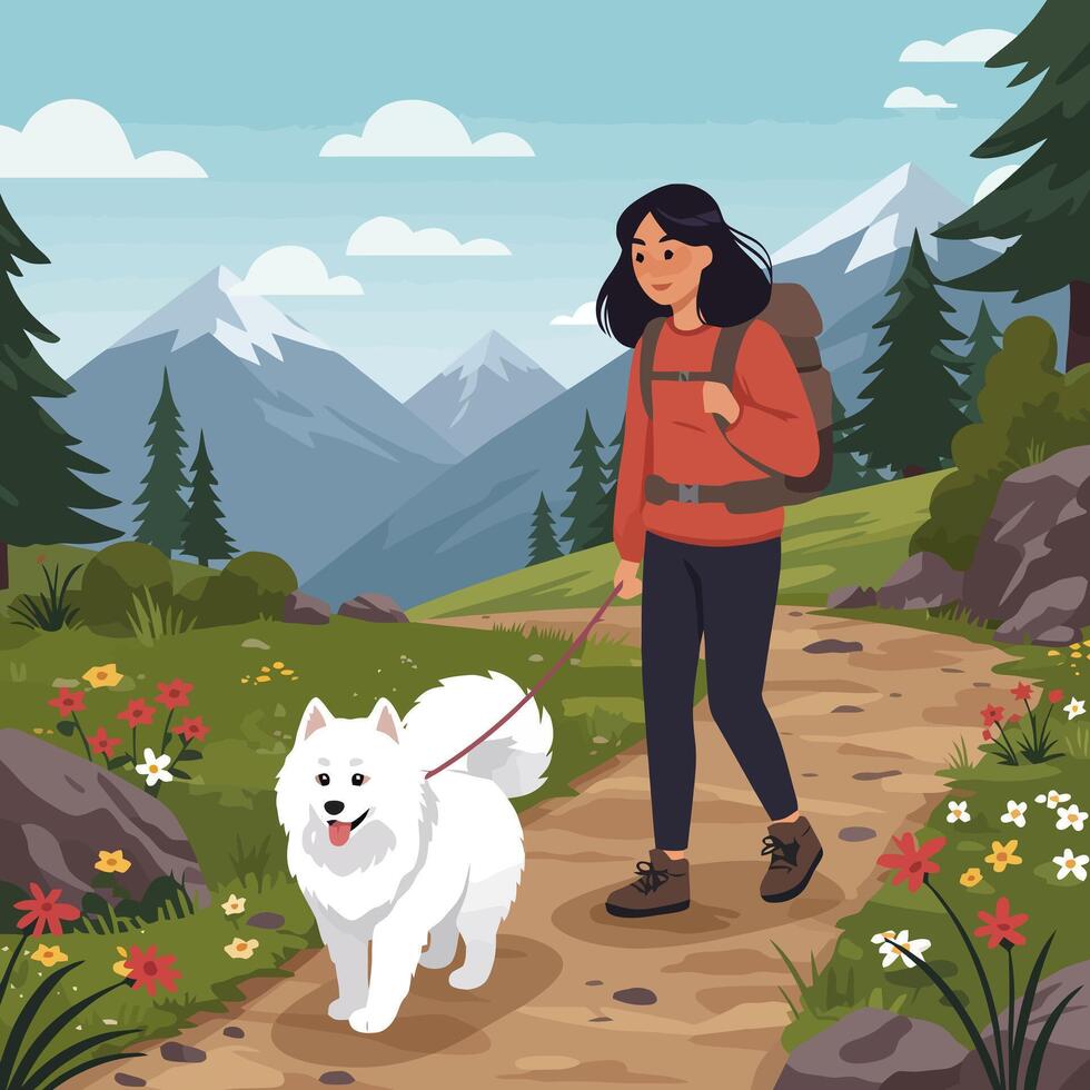 Hiking with Dog Woman Walking on Trail Backpacking Adventure vector