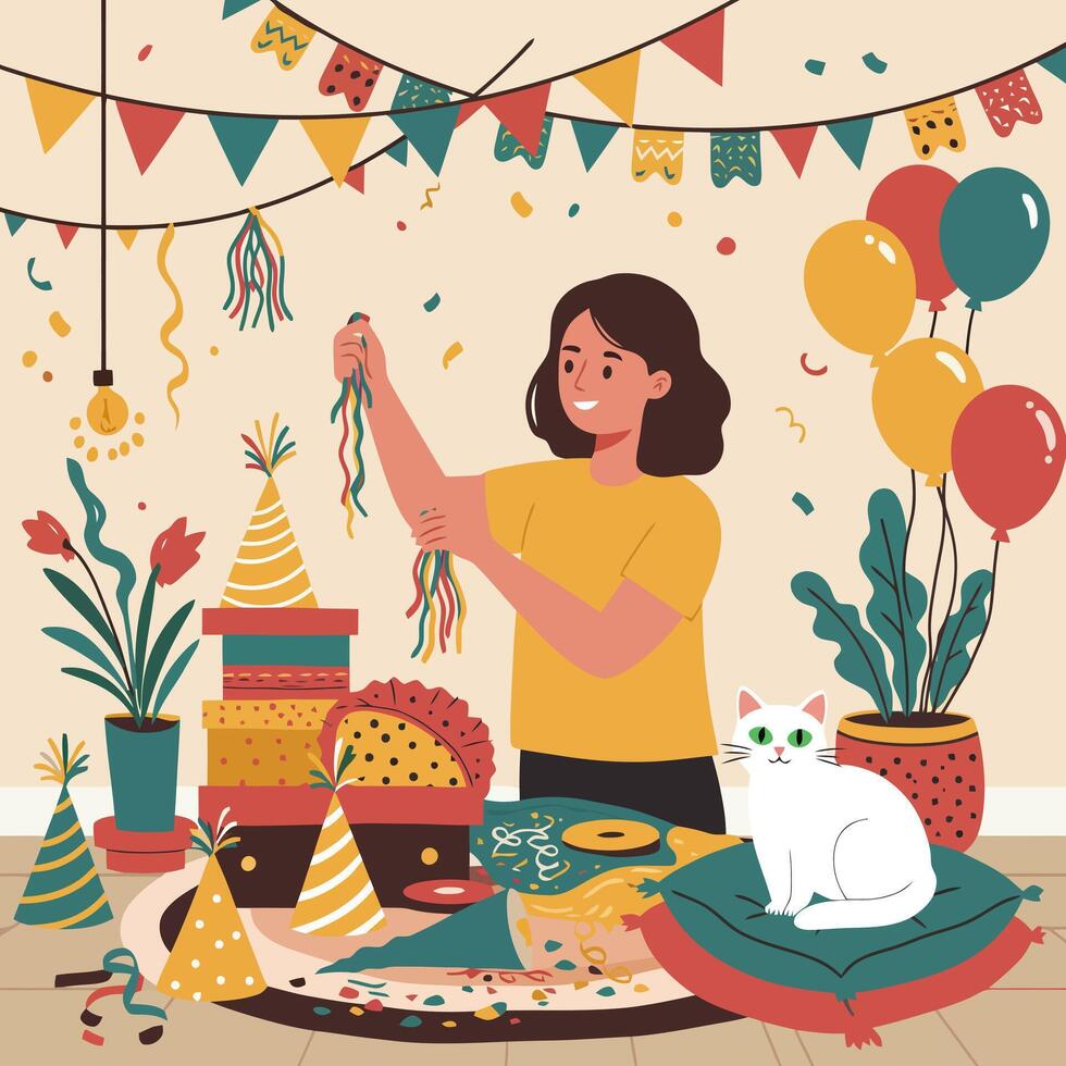 Person Preparing Party Decorations with Cat for Celebration at Home vector