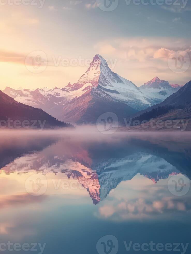 Mountain reflection in a lake at sunrise photo