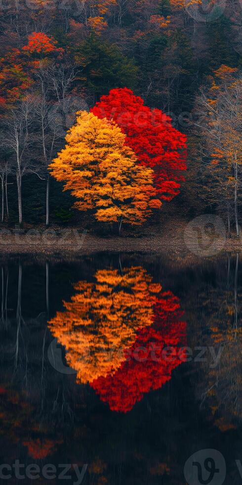 A tree with red leaves is reflected in the water photo