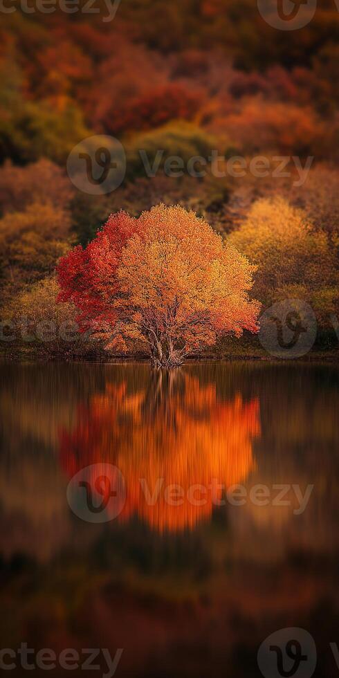 A tree is reflected in the water in the fall photo