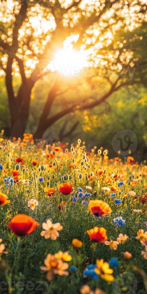 A field of flowers with the sun shining through photo