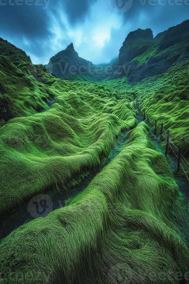 Green hills, cloudy skies photo