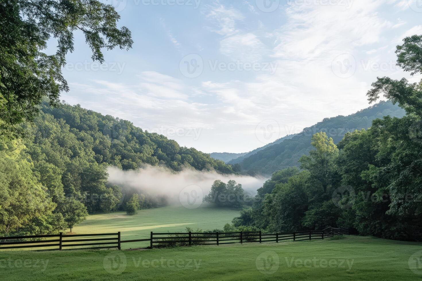 Mist blankets the green valley photo