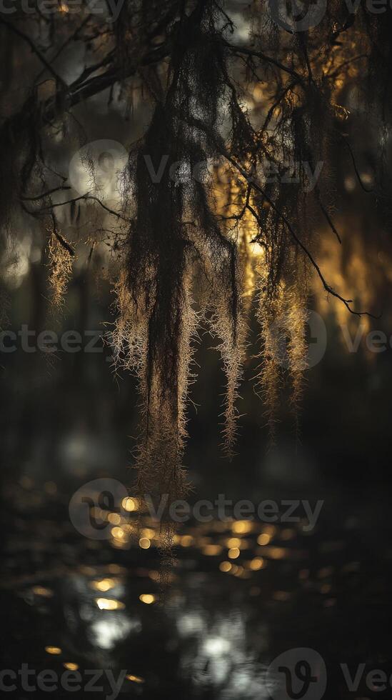 Moss draping over water at sunset photo