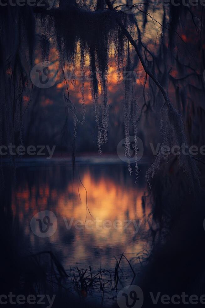 A sunset over a pond with spanish moss hanging from the trees photo